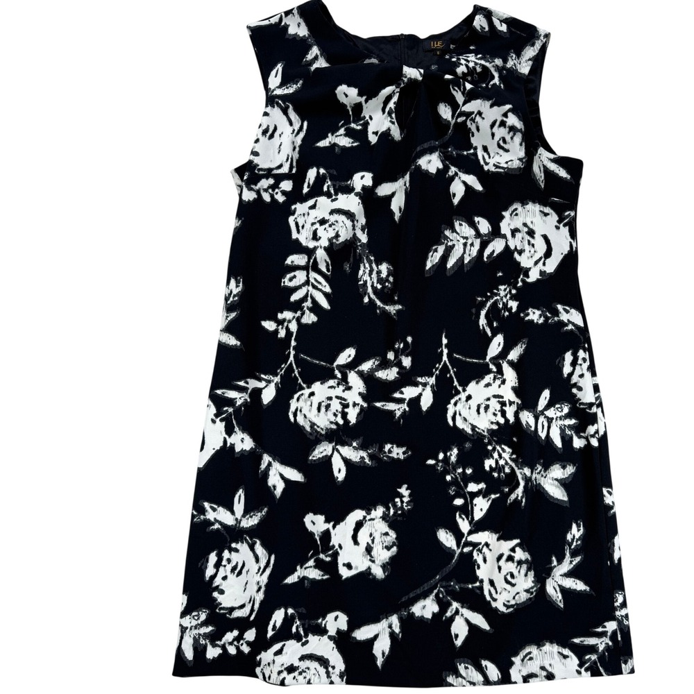 ILE New York Womens Black White Floral Sleeveless‎ Shift Dress Bow Back Size 16